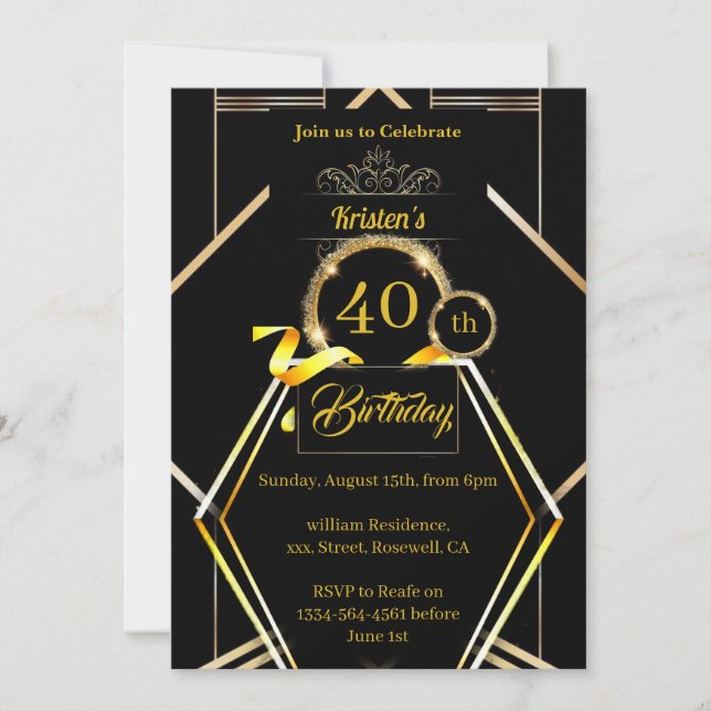 Gold and Black 40th Birthday Invitation (Front)