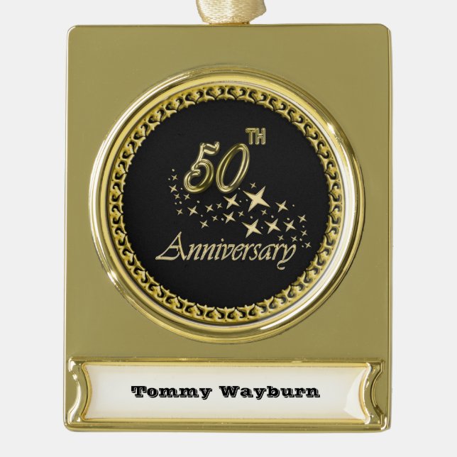 Gold and black 50th Anniversary Celebration Gold Plated Banner Ornament (Front)
