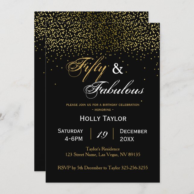 Gold and Black 50th birthday invitation (Front/Back)