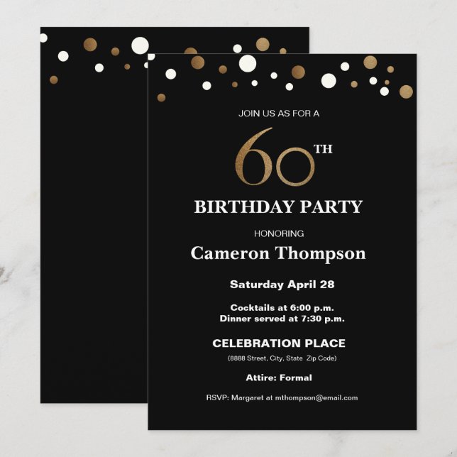 Gold and black, 60th Birthday Party Invitation (Front/Back)