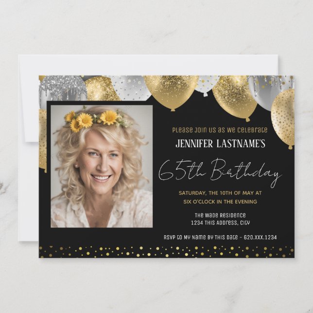 Gold and Black 65th Birthday Photo Invitation (Front)