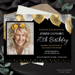Gold and Black 70th Birthday Photo Invitation