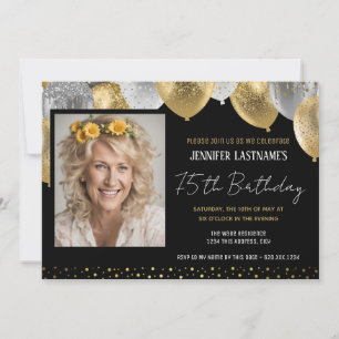 Gold and Black 75th Birthday Photo Invitation