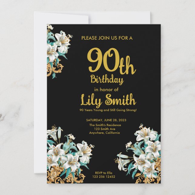 Gold and Black 90th Birthday  Invitation (Front)