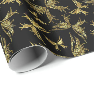 Gold And Black Abstract Butterflies Wrapping Paper