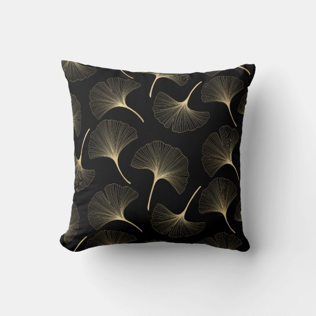 Gold and black abstract flower patte cushion (Front)