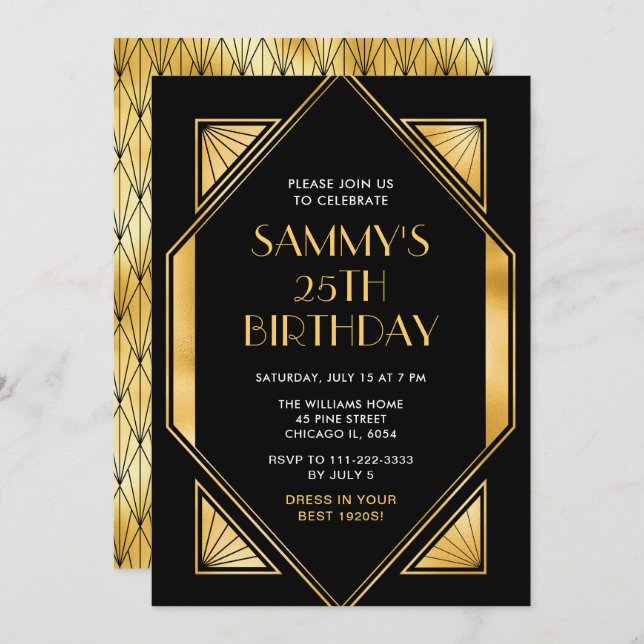 Gold and Black Art Deco Birthday Party Invitation (Front/Back)