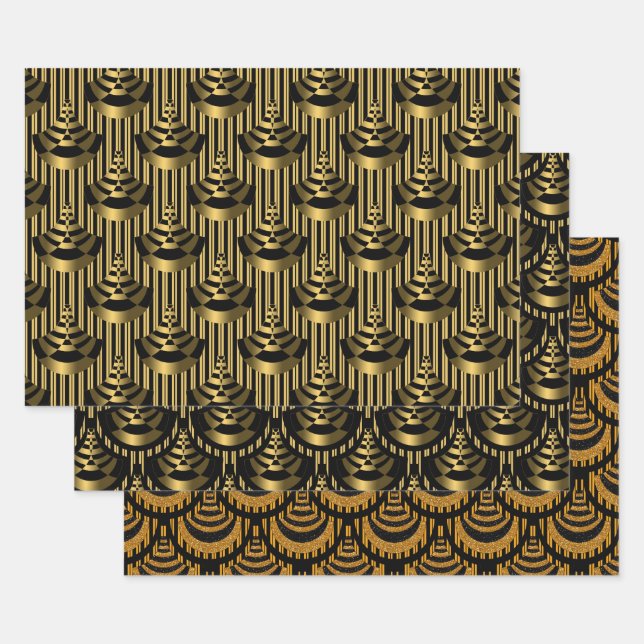 Gold and Black Art Deco Elegant Wrapping Paper Sheet (Set)