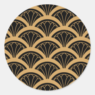 Gold and Black Art Deco Fan Flower Pattern   Classic Round Sticker
