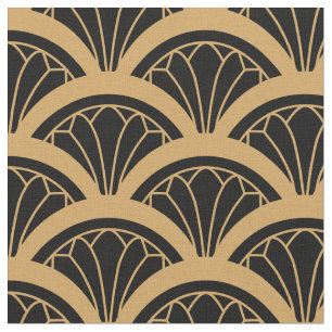 Gold and Black Art Deco Fan Flower Pattern Fabric