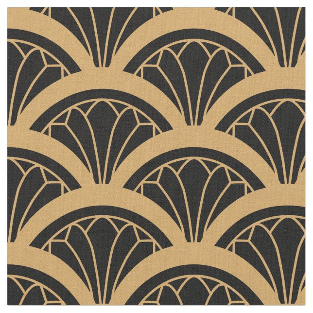 Gold and Black Art Deco Fan Flower Pattern Fabric (Close Up)