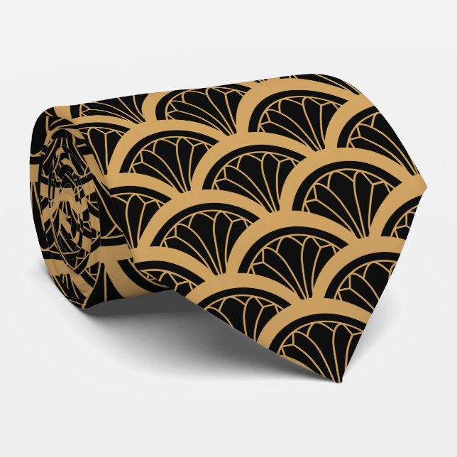 Gold and Black Art Deco Fan Flower Pattern Tie (Rolled)
