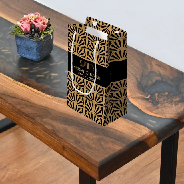 Gold and Black Art Deco Fan Flowers Bridal Shower Small Gift Bag (Creator Uploaded)