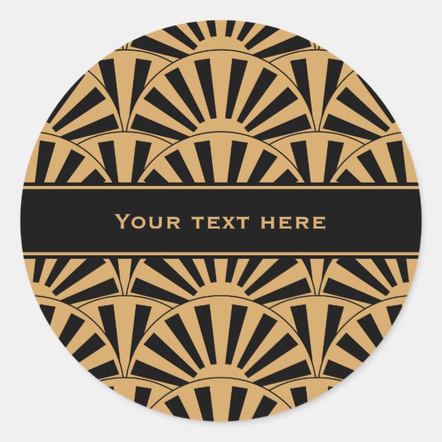 Gold and Black Art Deco Fan Flowers Motif Classic Round Sticker (Front)