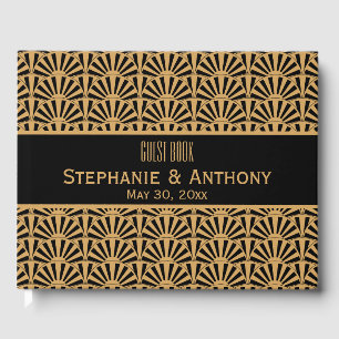 Gold and Black Art Deco Fan Flowers Wedding Guest Book