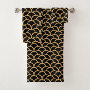 Gold and Black Art Deco Fish Scale Pattern Bath Towel Set