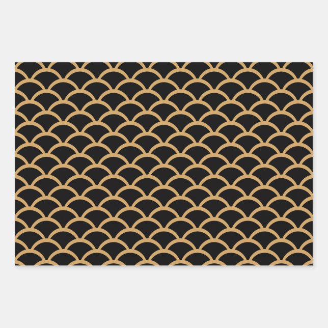 Gold and Black Art Deco Fish Scale Pattern Wrapping Paper Sheet (Front)