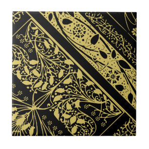 Gold and Black Art Deco Floral Geometric Abstract Ceramic Tile