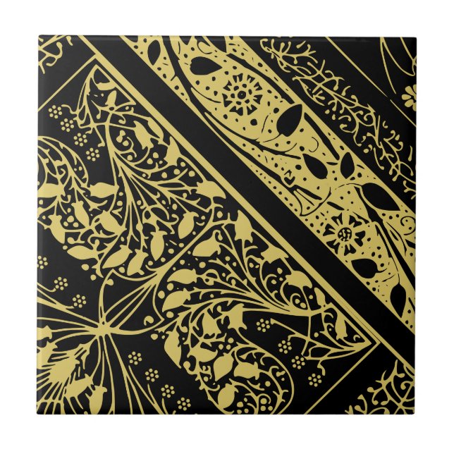 Gold and Black Art Deco Floral Geometric Abstract Ceramic Tile (Front)