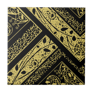 Gold and Black Art Deco Floral Geometric Abstract Ceramic Tile