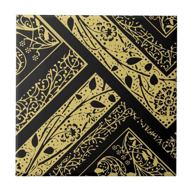 Gold and Black Art Deco Floral Geometric Abstract Ceramic Tile (Front)