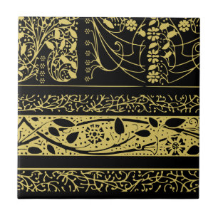 Gold and Black Art Deco Floral Geometric Stripes Ceramic Tile