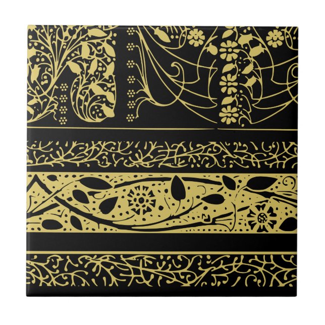 Gold and Black Art Deco Floral Geometric Stripes Ceramic Tile (Front)