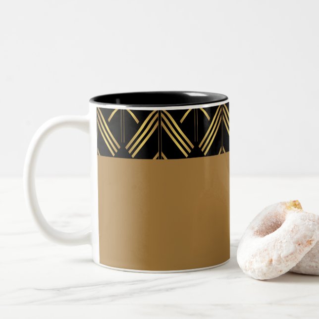 Gold And Black Art Deco Geometric Arrow Pattern Two-Tone Coffee Mug (With Donut)