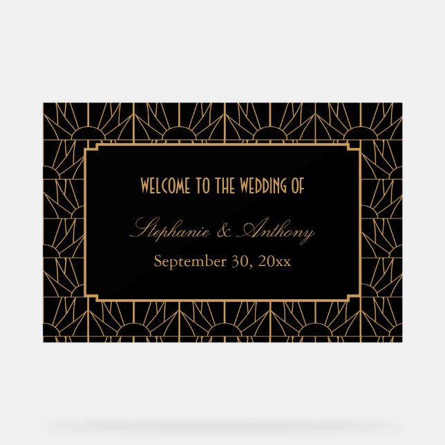 Gold and Black Art Deco Pattern Wedding Acrylic Sign (Front)