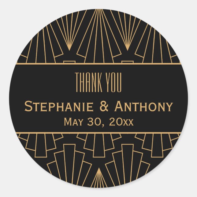 Gold and Black Art Deco Pattern Wedding Classic Round Sticker (Front)