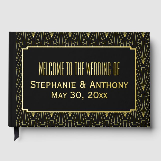 Gold and Black Art Deco Pattern Wedding Guest Book (Front)