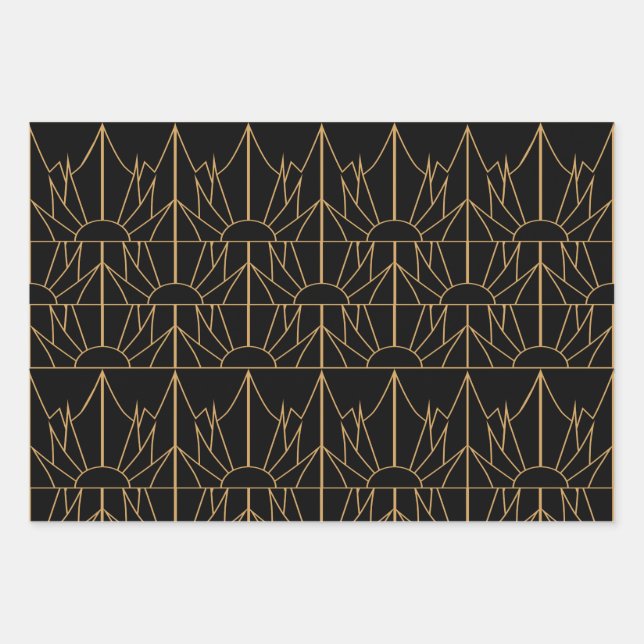Gold and Black Art Deco Pattern Wrapping Paper Sheet (Front)