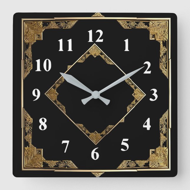 Gold and Black Art Deco Square Diamond Frame Square Wall Clock (Front)