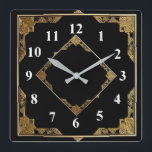 Gold and Black Art Deco Square Diamond Frame Wall Clock<br><div class="desc">"art deco clock",  "art nouveau clock",  "gold and black",  "1920s square and diamond",  "stylish sophisticated 1920 style",  "faux golden",  "retro vintage antique",   "elegant pattern design",  "square clock",  "old fashioned fancy"</div>