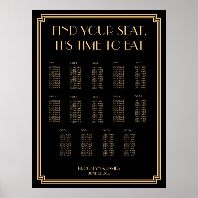 Gold And Black Art Deco Wedding Seating Chart (Front)