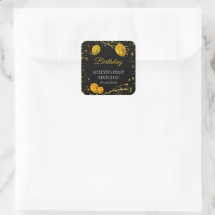 "Gold and Black Baby First Birthday"  Square Sticker