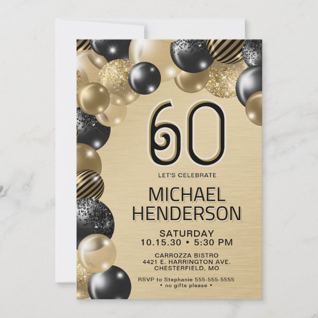 Gold and Black Balloons 60th Birthday Invitation (Front)