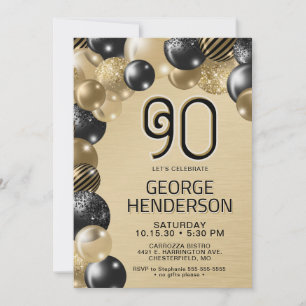 Gold and Black Balloons 90th Birthday Invitation