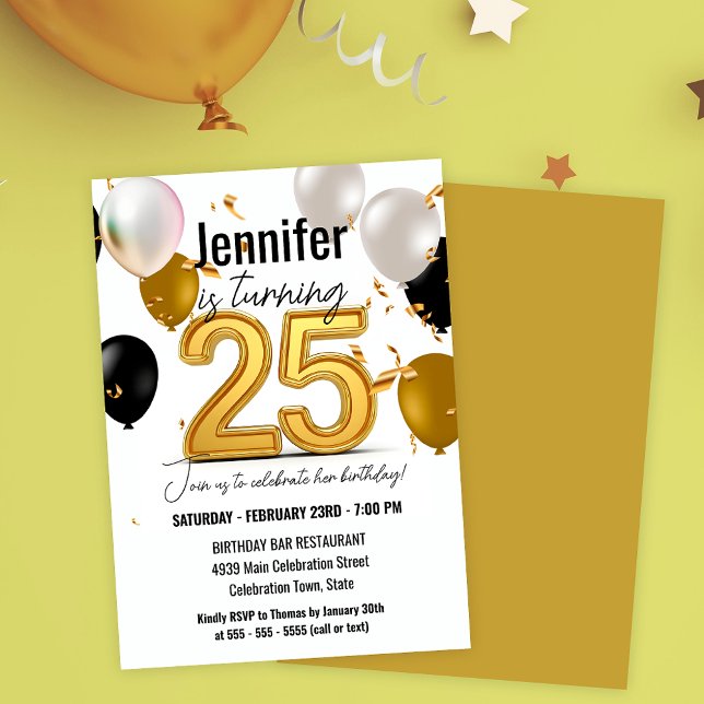 Gold and Black Balloons and Confetti 25th Birthday Invitation (Creator Uploaded)