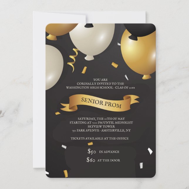 Gold and Black Balloons Prom Invitation (Front)