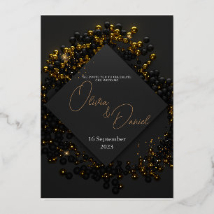Gold and Black Balloons Sparkly Foil Invitation