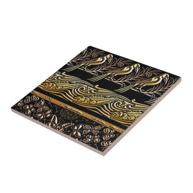 gold and black Birds fish Butterfly art pattern Ceramic Tile (Side)