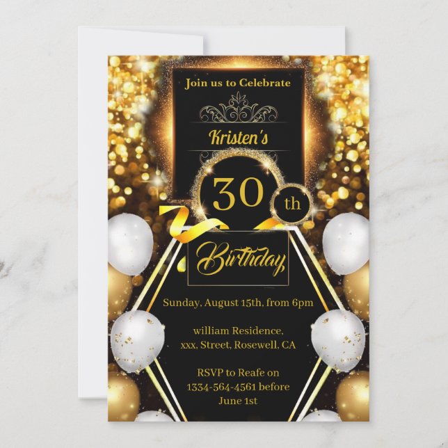 Gold and Black Birthday Invitation (Front)