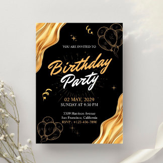 Gold And Black Birthday Party  Invitation