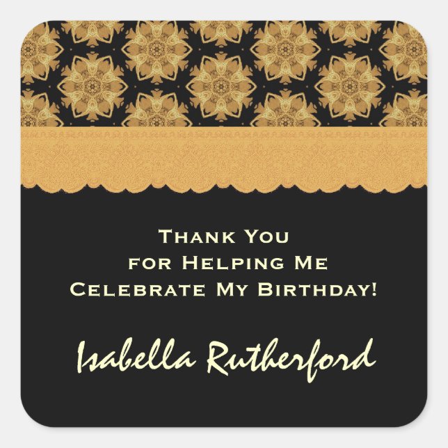 Gold and Black Birthday Thank You R354B Square Sticker (Front)