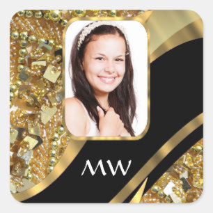 Gold and black bling square sticker