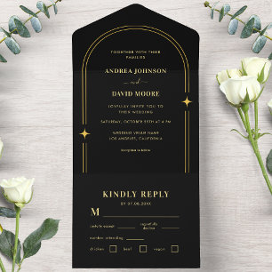 Gold and Black Boho Sparkle Bohemian Arch Wedding All In One Invitation