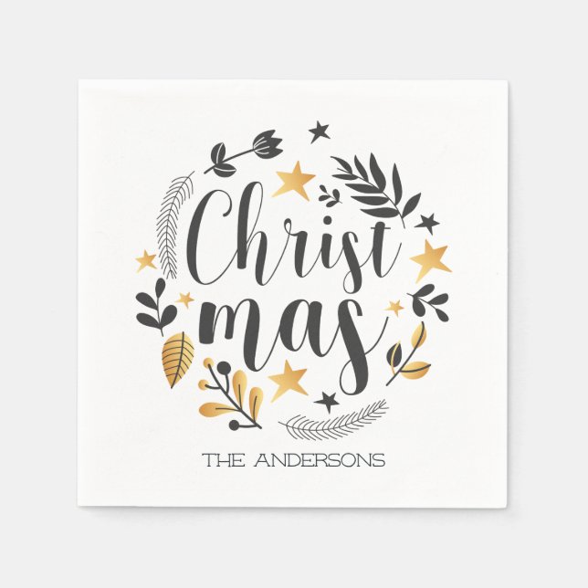 gold and black botanical illustration Christmas Napkin (Front)