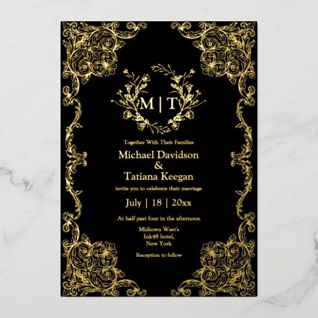  gold and black botanical monogram floral wedding  (Front)