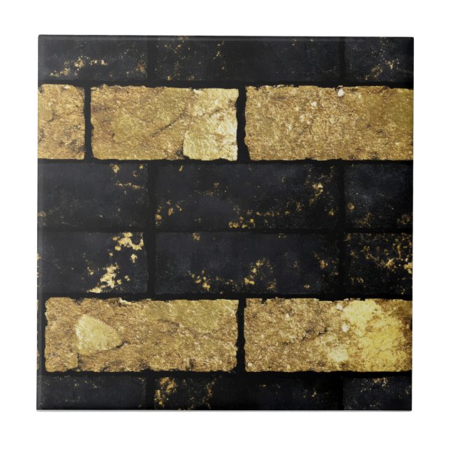 Gold and Black Bricks Pattern Ceramic Tile (Front)